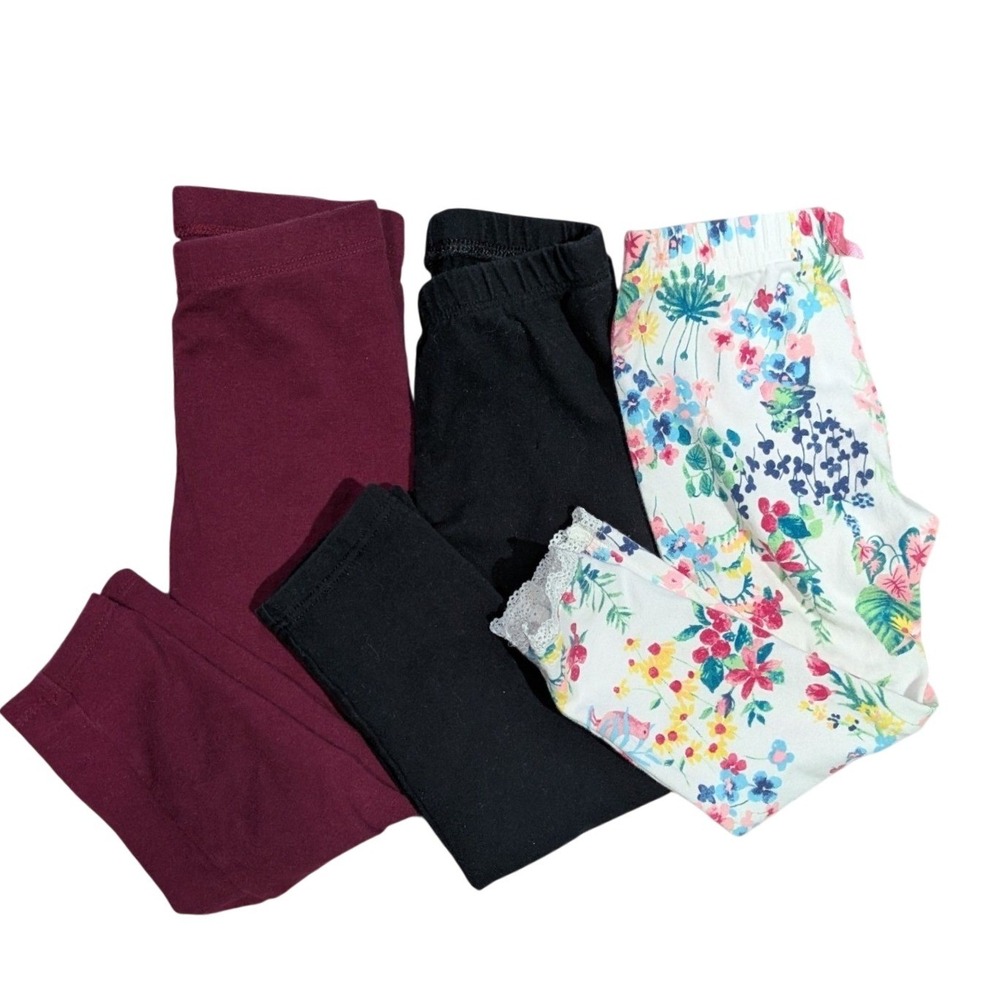 Toddler Leggings Bundle 3 Pairs‎ Floral Black Burgundy Stretchy Pants Girls 2T
